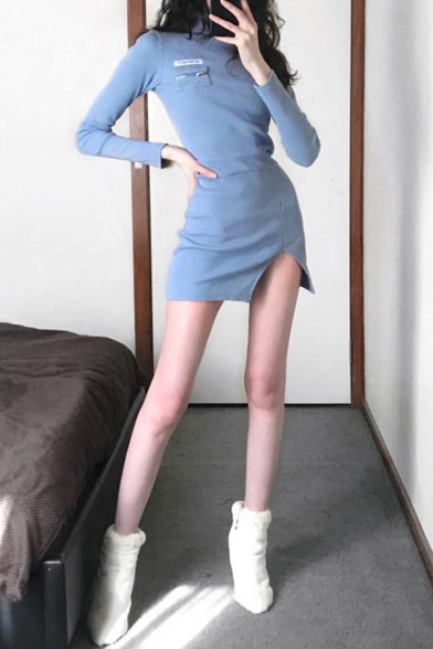 Womens Casual Zipper Embellished Plain Long Sleeve Turtle Neck Split Side Mini Fitted Pullover Dress