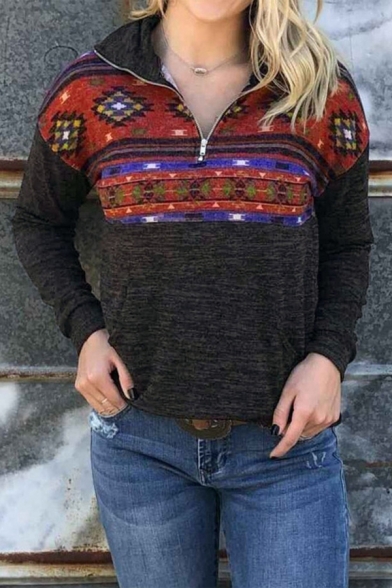 Womens Fashionable Geometric Pattern Long Sleeve Half Zip Casual Sweatshirt