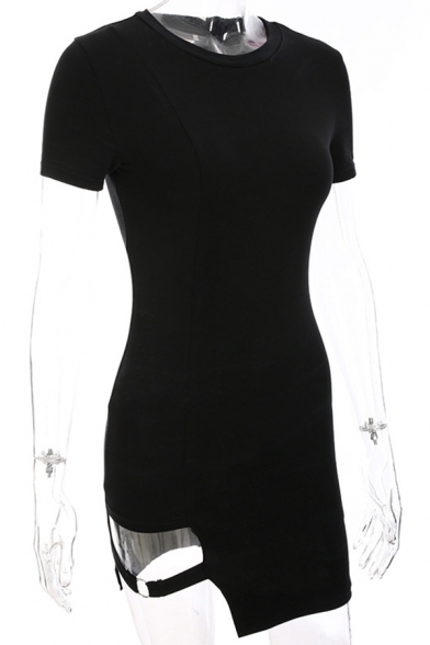 Womens New Trendy Round Neck Short Sleeve Plain Black Fitted Mini Asymmetric T-Shirt Dress