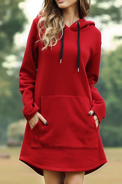 Womens Popular Solid Color Long Sleeve Curved Hem Drawstring Hoodie Dress with Pocket