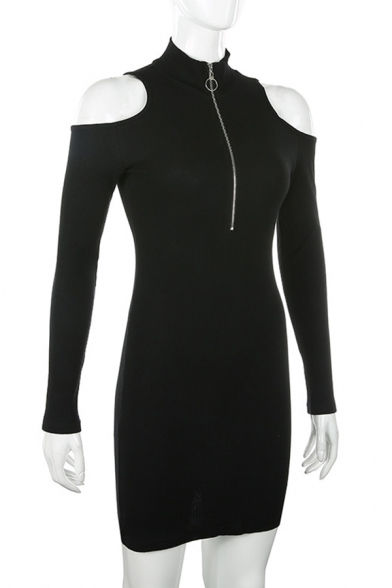 Womens Sexy Cold Shoulder Long Sleeve Mock Neck Zip Placket Black Mini Knitted Party Dress