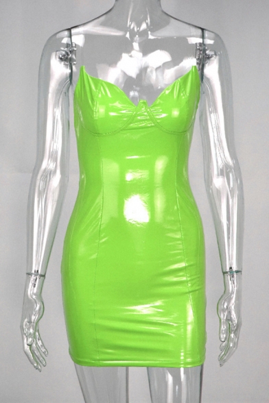 Womens Stylish Plain PU Leather Mini Bodycon Tube Dress for Night Club