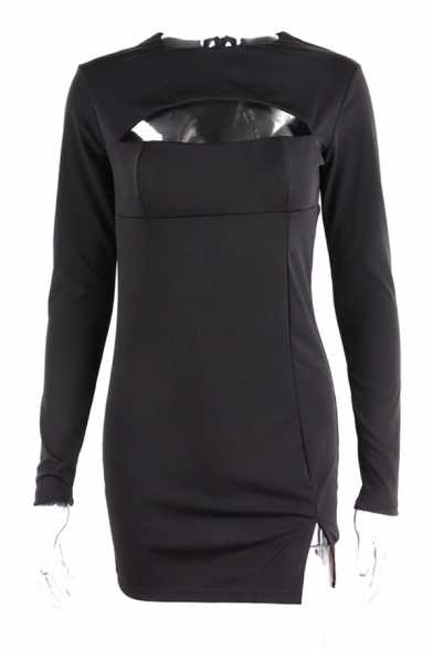 Womens Unique Round Neck Long Sleeve Cutout Detail Zip Back Split Black Mini Fitted Club Dress
