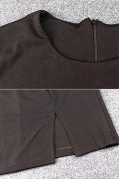 Womens Unique Round Neck Long Sleeve Cutout Detail Zip Back Split Black Mini Fitted Club Dress