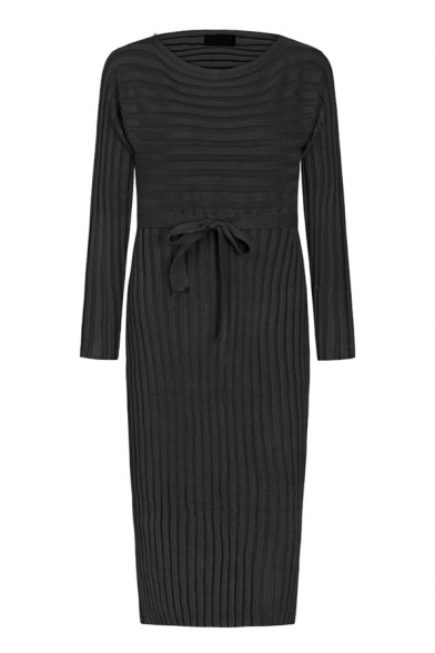 Basic Elegant Women's Long Sleeve Drop Shoulder Bow Tie Waist Knit Plain Midi Sheath Dress