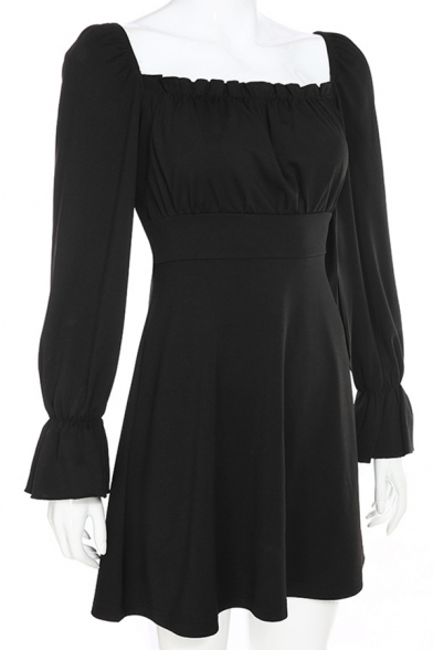 Black Sweet Style Stringy Selvedge Detail Square Neck Flared Long Sleeve Lace-Up Back Mini A-Line Party Dress