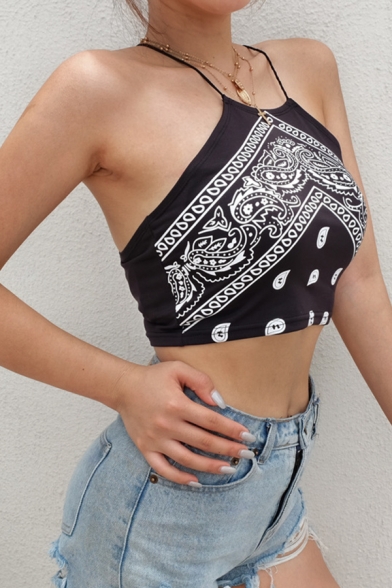 Bohemian Sexy Girls' Sleeveless Halter Mixed Patterned Cut Out Back Slim Fit Black Crop Tank Top