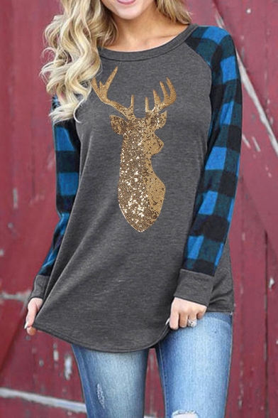 Christmas Series Sequined Elk Checked Long Sleeve Curved Hem Loose T-Shirt