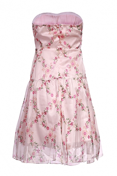 Cute Girls' Sleeveless Strapless Floral Patterned Patched Lace Zipper Back Pleated Short A-Line Party Tube Dress in Pink