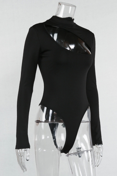 Edgy Girl's Long Sleeve Mock Neck Cut Out Slim Fit Cotton Bodysuit in Black