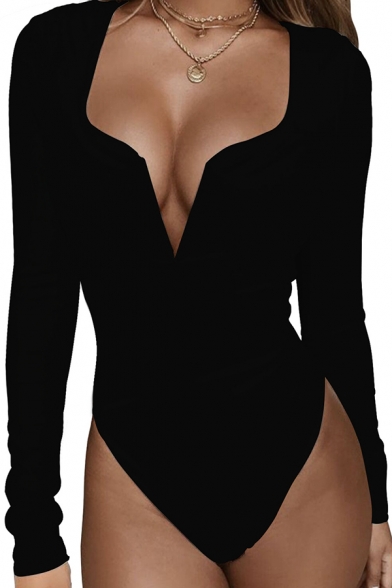 Edgy Girls' Long Sleeve Deep V-Neck Cotton Plain Fitted Bodysuit for Club