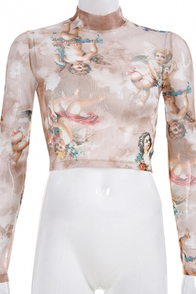 Edgy Ladies Long Sleeve Mock Neck Angel Printed See-Through Mesh Apricot Slim Crop T-Shirt