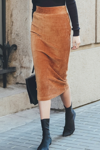 Elegant Fashion Ladies' Elasticated Waist Corduroy Midi Sheath Skirt in Brown
