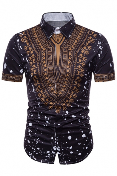 Ethnic Style Splash Ink Pattern Short Sleeve Curved Hem Slim-Fit Button Up Summer Shirt