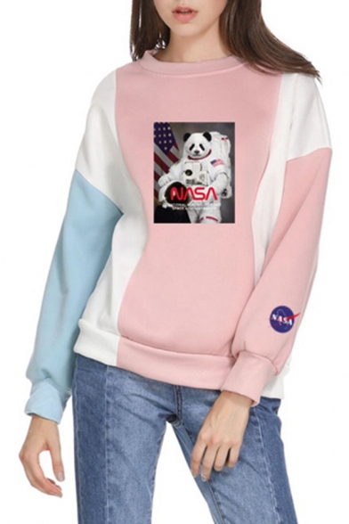 Fancy Panda Astronaut NASA Print Colorblock Patched Long Sleeve Loose Pullover Sweatshirt