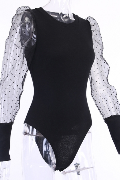 Fashion Black Polka Dot Sheer Puff Sleeved Crew Neck Tight Bodysuit for Women