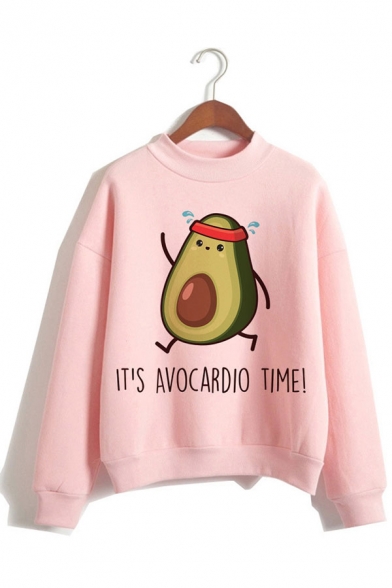Funny Avocado Letter Pattern Long Sleeve Mock Neck Pink Leisure Sweatshirt