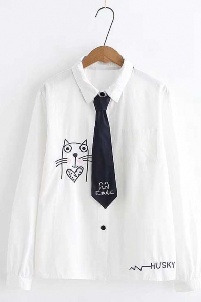 Girls Cute Cat Embroidered Tie Lapel Collar Long Sleeve Oversized White Shirt