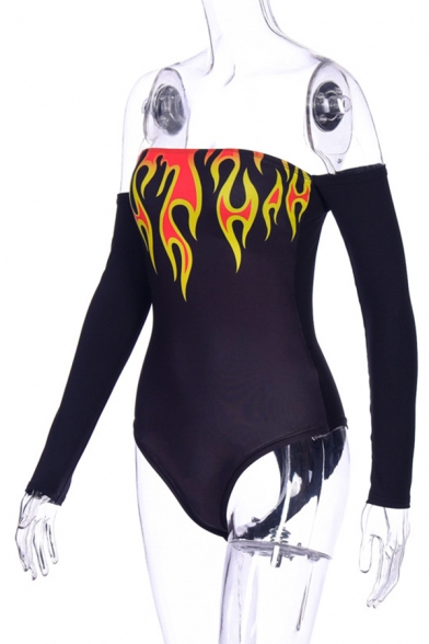 Girls' Hot Long Sleeve Off The Shoulder Flame Print Tube Skinny Bodysuit in Black