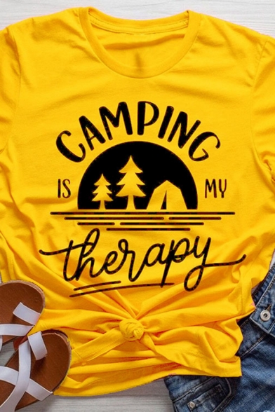 Girls Simple Letter CAMPING IS MY THERAPY Tree Print Short Sleeve Crew Neck T-Shirt
