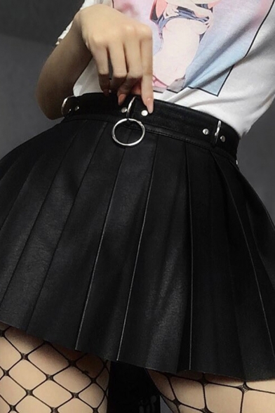 Hip Hop Dark High Waist Eyelet Buckle Belt O-Ring Embellished Zip Back Black Leather Pleated Flared Short A-Line Skirt for Girls