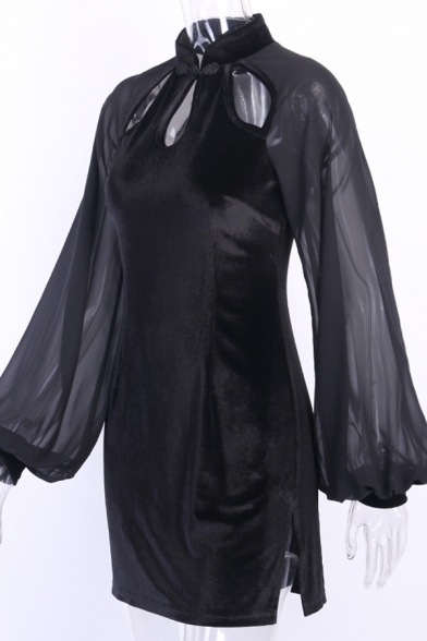 Ladies Vintage Frog Button Hollow Out Front Balloon Long Sleeve Black Mini Velvet Cheongsam Dress