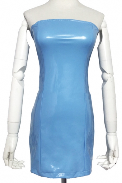 Light Blue Solid Color Popular Sleeveless Zip Back PU Leather Mini Bodycon Tube Dress
