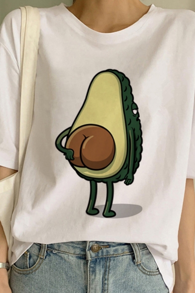 Lovely Cartoon Avocado Letter Pattern Short Sleeve Crew Neck Loose White T-Shirt