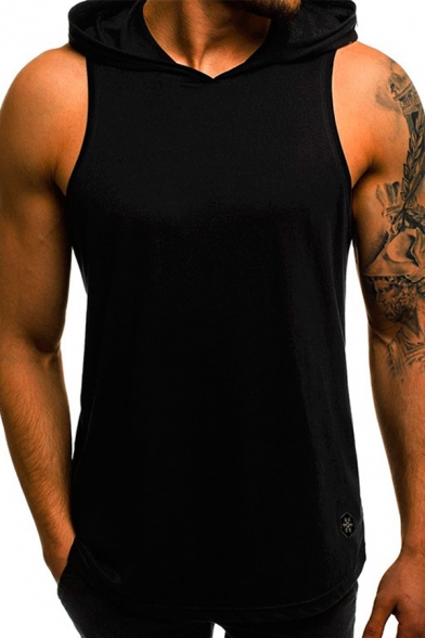 Mens Active Plain Letter Print Hood Sleeveless Fitted Breathable Hoodie Vest
