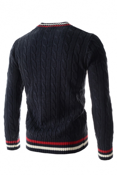Mens Casual Contrast Striped Panel V-Neck Long Sleeve Slim Fit Casual Cable Knit Pullover Sweater