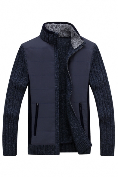 Mens Casual Navy Blue High Neck Ribbed Knit Long Sleeve Zip Up Thick Cardigan Coat with Pocket