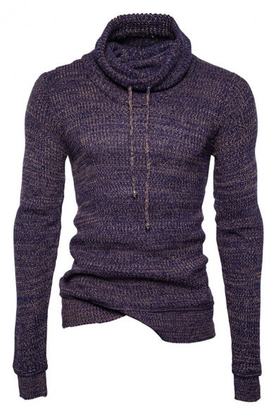 Mens Casual Plain Drawstring Cowl Neck Long Sleeve Slim Fit Chunky Knit Pullover Sweater