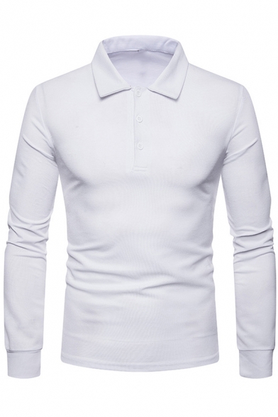 Mens Casual Solid Color Long Sleeve Button Front Slim Fit Polo Shirt