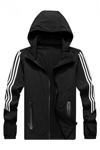 Mens Casual Sports Simple Stripe Long Sleeve Zip Up Hooded Breathable Track Jacket in Black