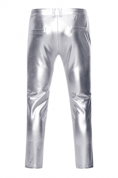 Mens Cool Plain Metallic Zipper Placket Skinny Pants for Disco Dancing