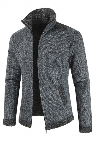 Mens Fashionable Gray Long Sleeve Lapel Collar Zip Placket Fitted Cardigan Knit Coat