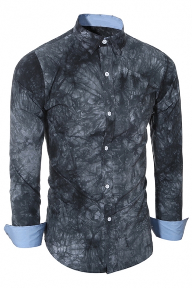 Mens Popular Gray Tie Dye Printed Long Sleeve Single Breasted Slim Fit Leisure Shirt