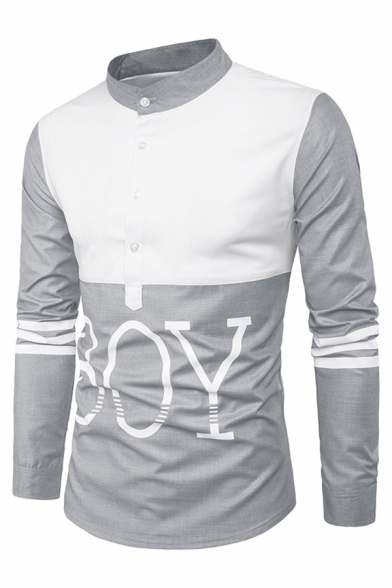 Mens Simple Color Block Letter Print Long Sleeve Slim Fit Button Up Daily Shirt