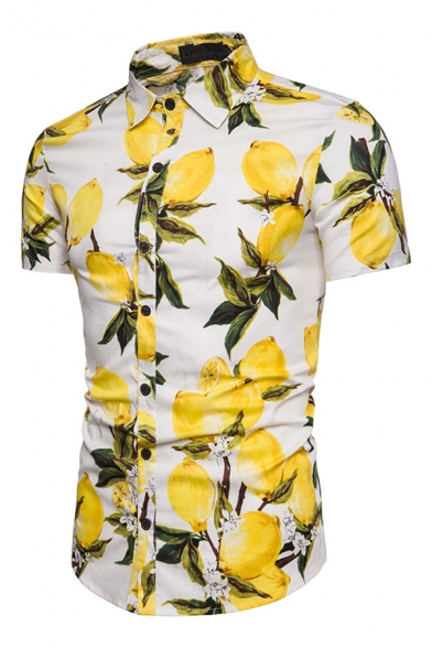 Mens Simple Lemon and Leaf Printed Short Sleeve Button Down Slim Fit Summer Shirt