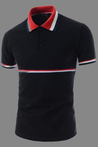 Mens Simple Personality Stripes Printed Short Sleeves Slim Fit Leisure Polo Shirt