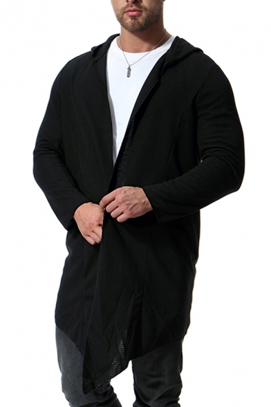 Mens Simple Whole Colored Long Sleeve Open Front Black Tunic Hoodie