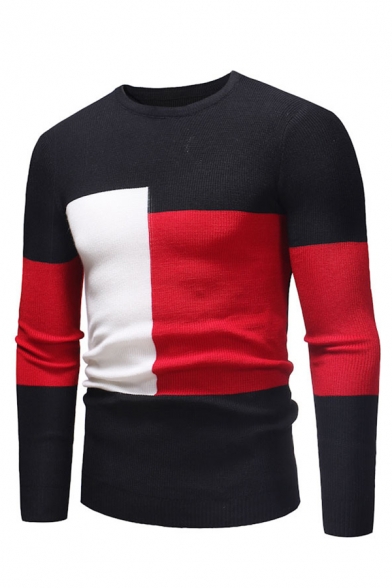 X-Future Mens Casual Long Sleeve Round Neck Color Block Knitted Pullover Sweater 