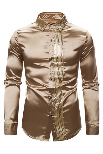Mens Unique Sequins Patchwork Turndown Collar Long Sleeve Plain Metallic Tuxedo Shirt
