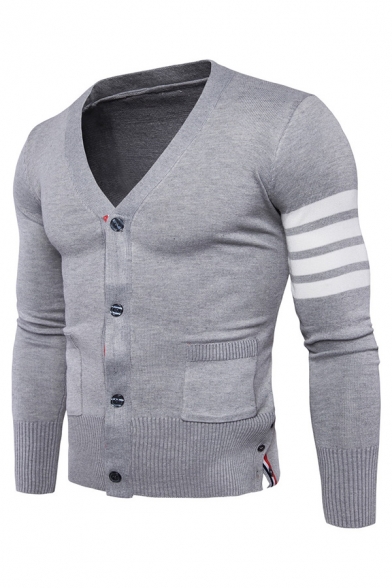 Mens Unique Striped Printed Single Sleeve Button Down Slim Fit Knit Cardigan with Pocket