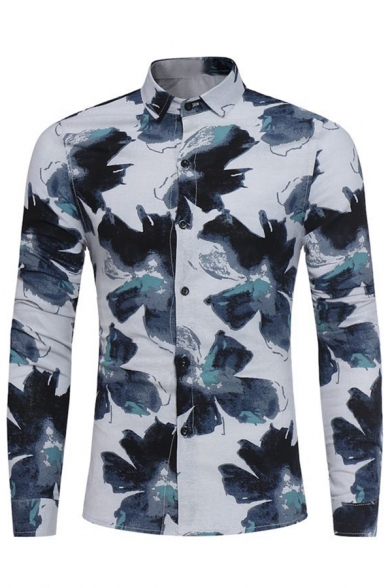 Metrosexual Men's Chic Floral Print Long Sleeves Button-Up Cotton Shirt