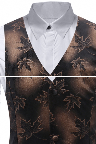 New Arrival Maple Leaf Print Sleeveless Single Breasted Casual Brown Suit Waistcoat