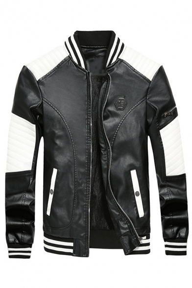 Number 78 Printed Color-Block Long Sleeve Rib Knit Cuff Zip Up Faux Leather Baseball Jacket