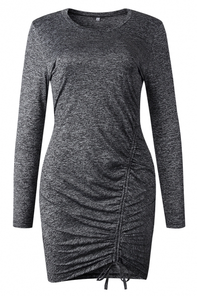 Plain Basic Long Sleeve Round Neck Drawstring Cotton Mini Bodycon T-Shirt Dress for Women
