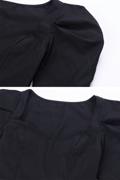 Plain Black Sweetheart Neck Puff Long Sleeve Side Split Black Midi Party Dress with Belt