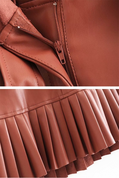 Pretty Ladies' High Waist Belted Leather Pleated Trim Mini A-Line Skirt in Brown